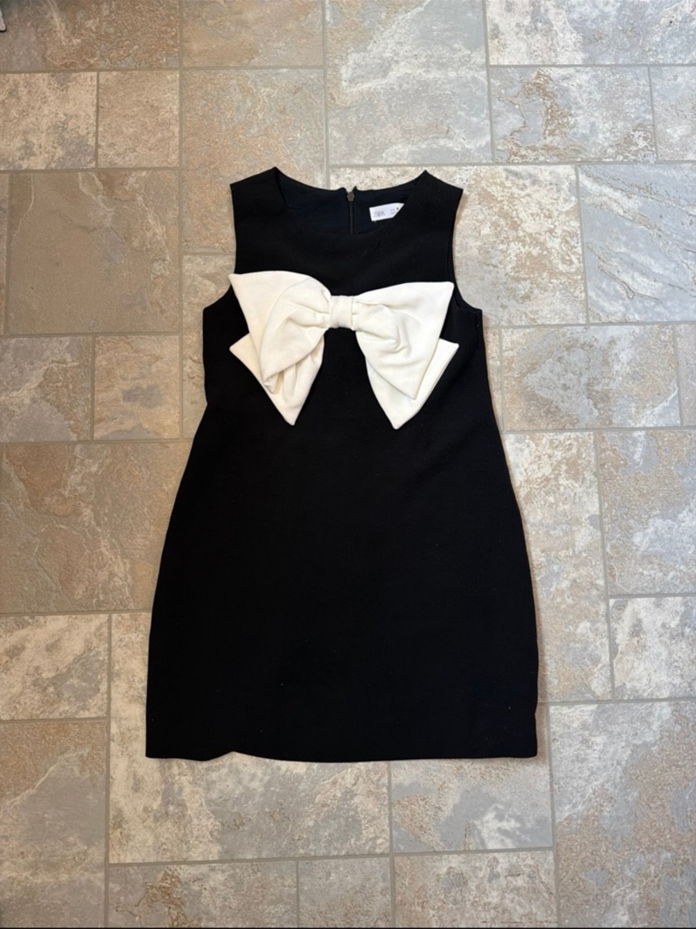 Zara Black Sleeveless Dress with White Bow Accent